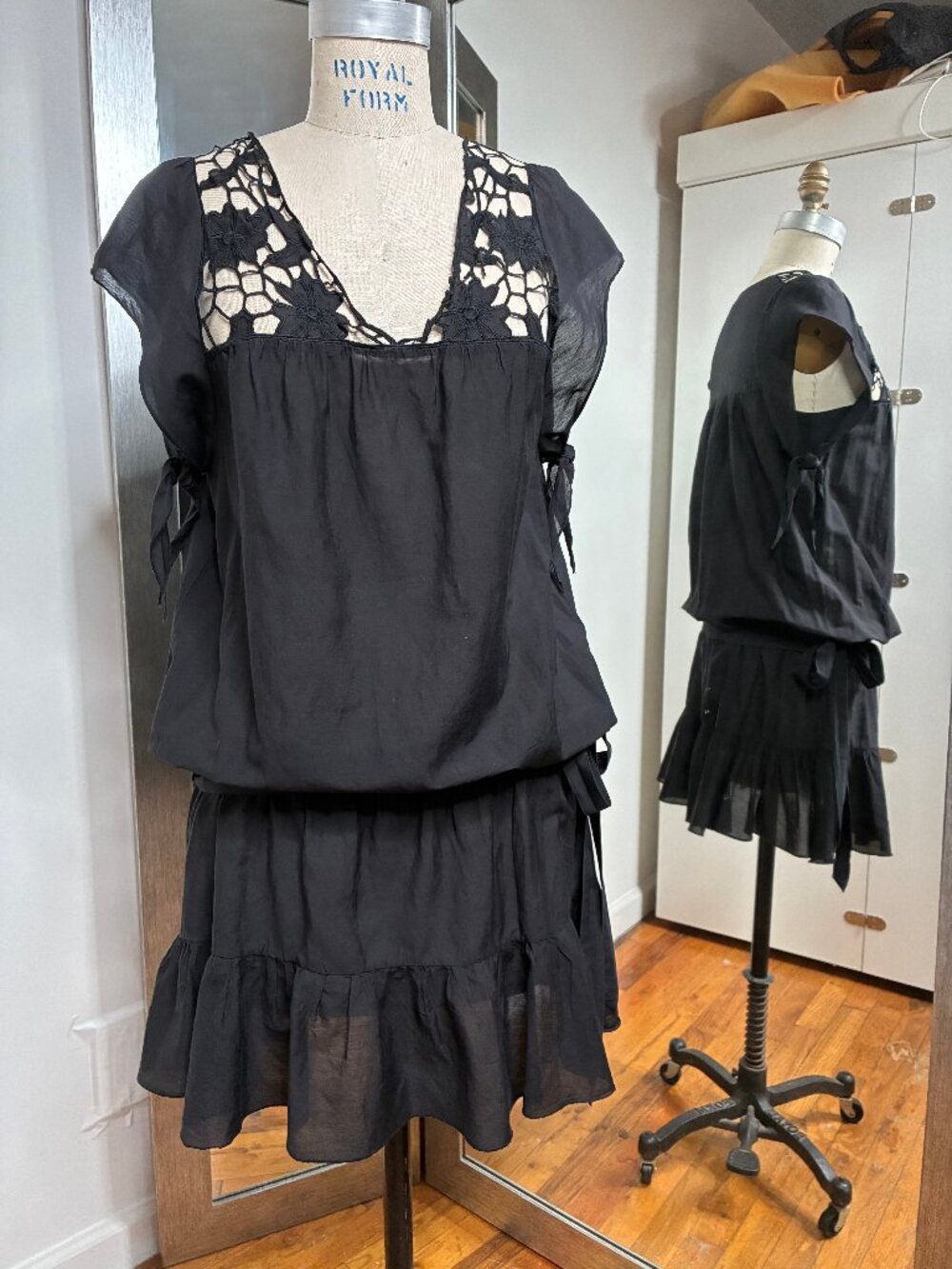 Blend Black Dropped Waist Peasant Dress, Size Medium, Cotton/Silk